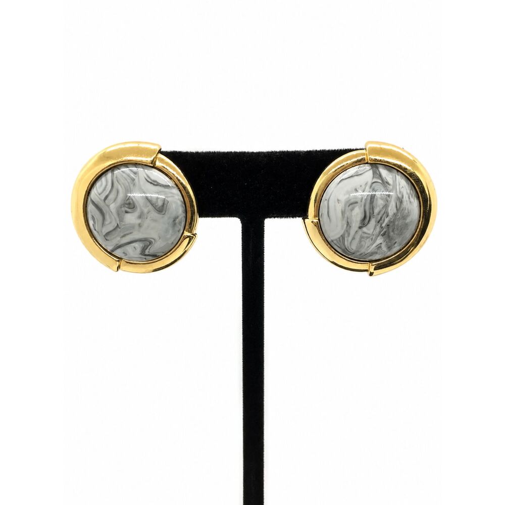 VINTAGE MONET EARRINGS Gray Marble Lucite Gold Tone Round Button